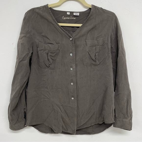 Cypress Grove Brown Silk Pearl Snap Lagenlook Blouse Womens S Long Sleeve Artsy - Picture 1 of 8